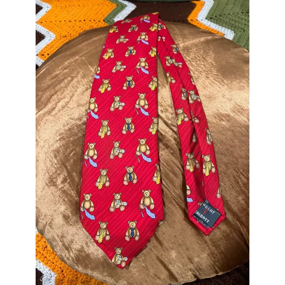 Vintage Nordstrom Robert Talbott Red 100% Silk Teddy Bear Novelty Tie Men's
